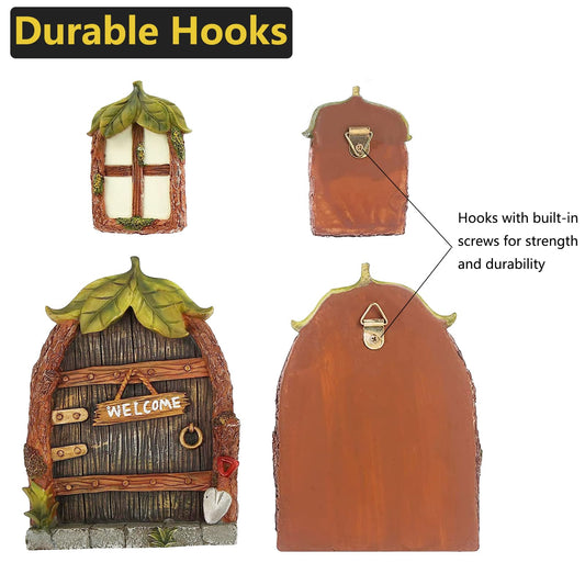 Jauay Miniature Fairy Garden Accessories Fairy Door and Windows for Trees, Glow in The Dark Yard Sculpture Lawn Ornament Mini Garden Art Outdoor Decor Accessories with Lantern