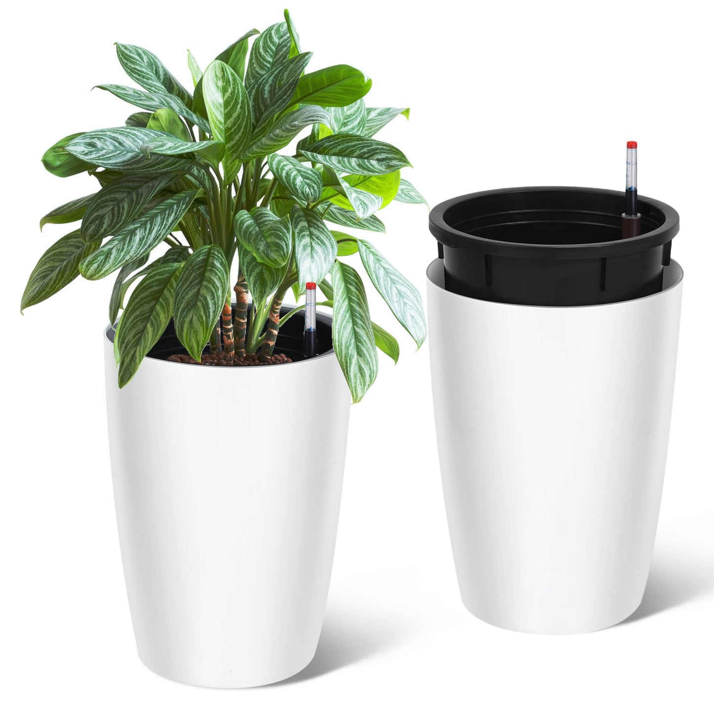 Garvee Tall Planters for Outdoor Plants, 16 in Large Planters Set of 2, Outdoor & Indoor Planters with Water Level Monitor ＆ Inner Bucket, Automatic Watering, for Porch, Patio, Backyard, White