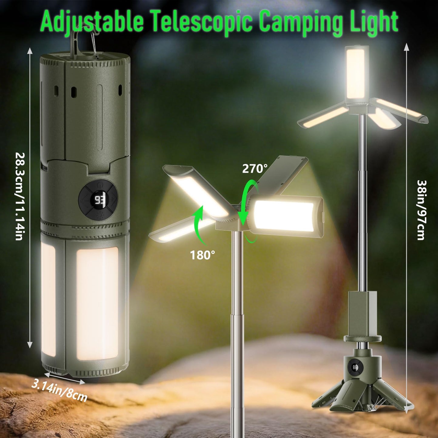 UBeesize Telescopic Camping Lights with Stand, 14000mAh Rechargeable Camping Lantern with Display, Hook and IPX5 Waterproof, Outdoor Portable Tripod Light for Travel, Fishing, Emergency Use