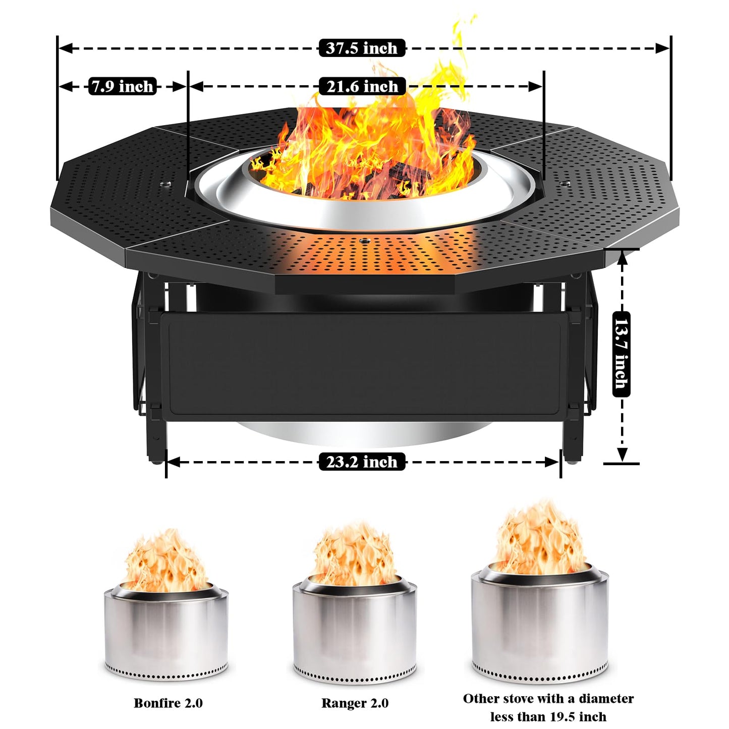 Lezbanz Fire Pit Surround Tabletop for Solo Stove Bonfire Ranger 2.0, Thick Powder-Coated Steel Surround Tabletop, Outdoor FirePit Table, UV-Resistant Outdoor Fabric & Adjustable Height
