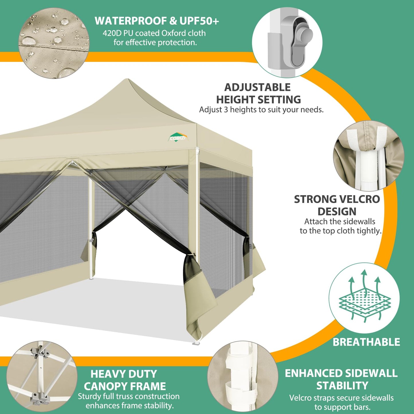 COBIZI 10x10 Canopy Tent with 4 Sidewalls,Heavy Duty Pop up Canopy with Mosquito Netting,Easy up Screen Tent for Parties Wedding Outdoor Camping with Handbag,Khaki