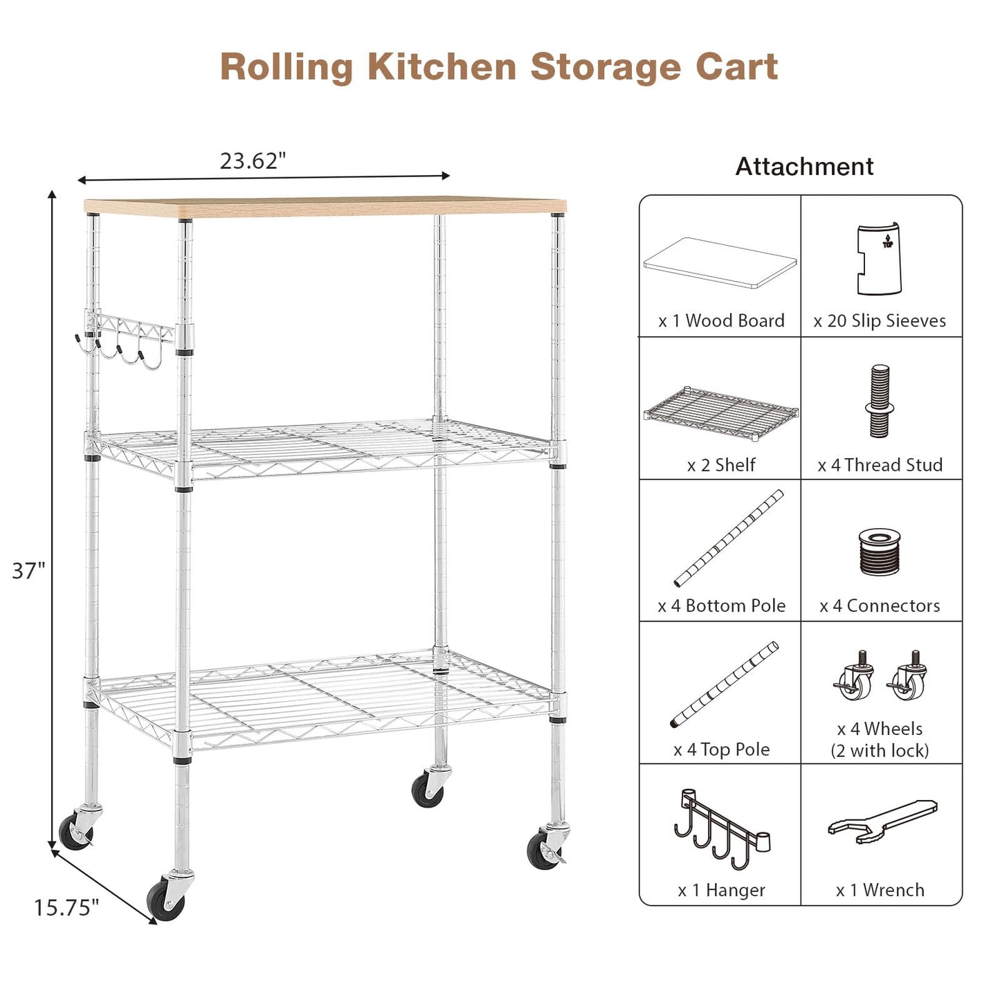 BolDuck 450Lbs Capacity Microwave Cart with Wheels, 3 Tier Rolling Cart with Adjustable Shelves, Multifunctional Metal Utility Storage Kitchen Carts on Wheels, 23.6" L*15.7" W*37" H, Wood+Chrome
