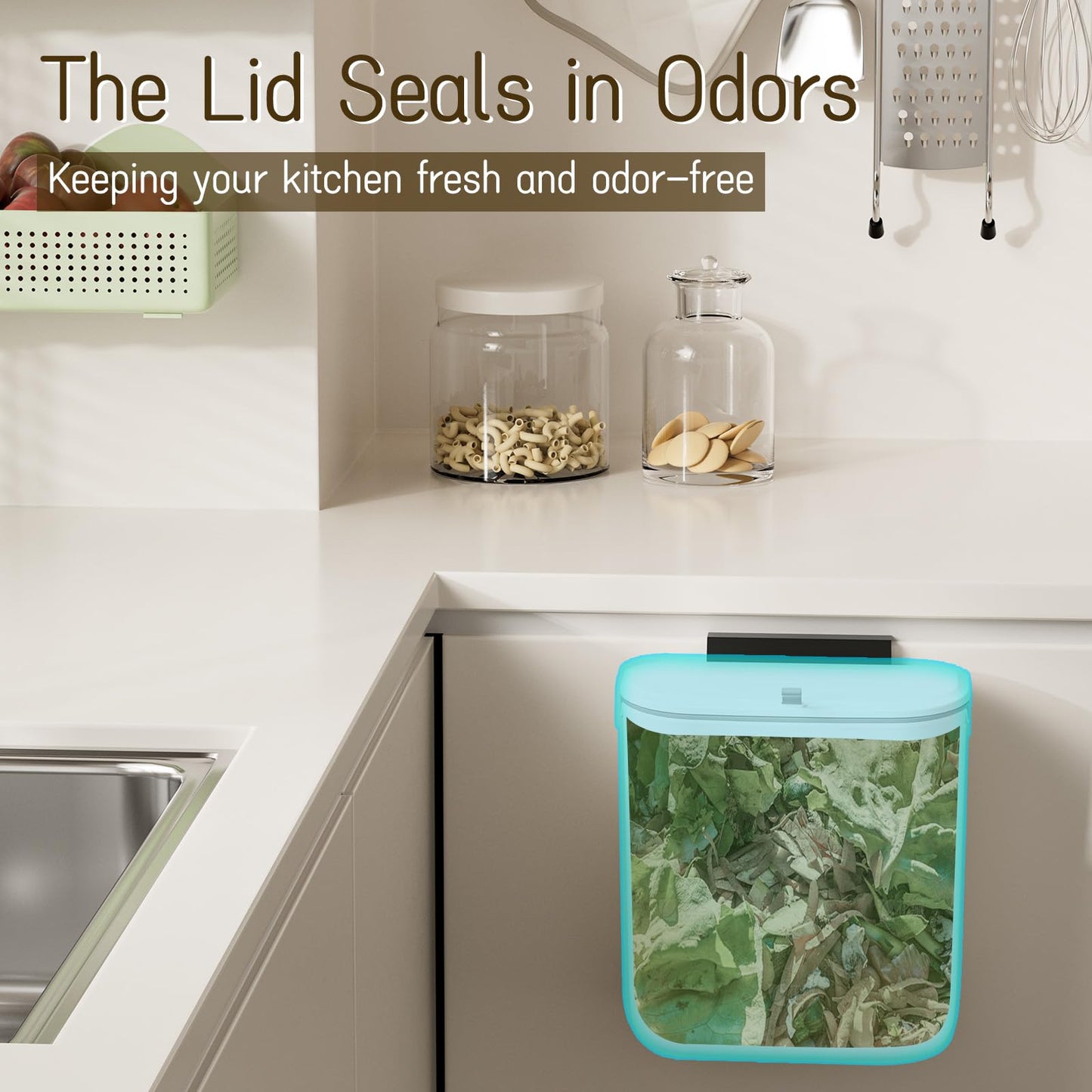 LYNLOO 2.4 Gallon Kitchen Compost Bin Hanging Small Trash Can with Lid Under Sink Dual Installation & Triple-Seal Technology, Odorless Kitchen/Bathroom/Office Trash Can for Home, RV