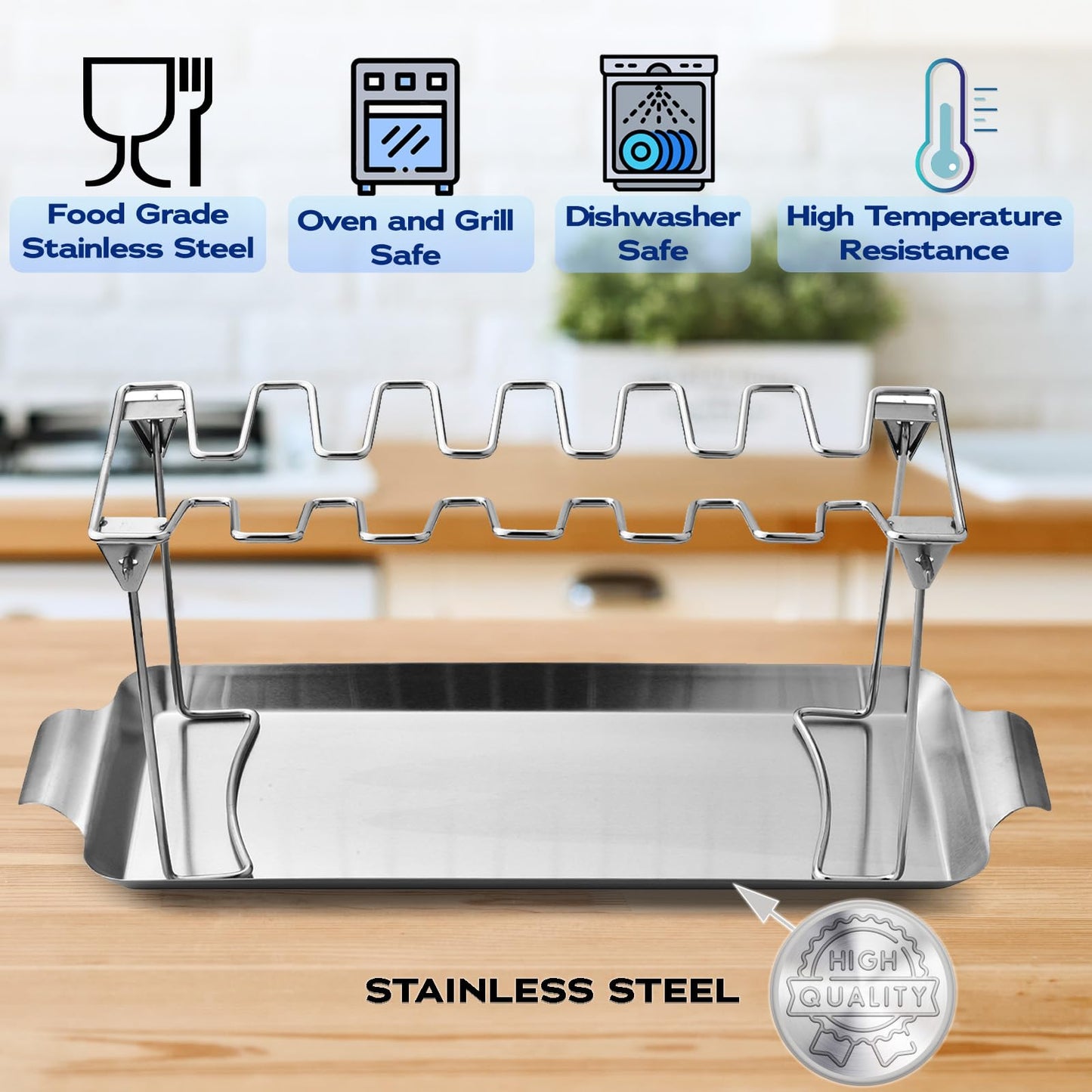 RTT Chicken Leg Rack for Grill with Drip Tray - Easy to Use 12 Slots Chicken Wing Rack - Premium Stainless Steel Chicken Drumstick Rack for Smoker - Chicken Drumstick Holder for Grill Accessories