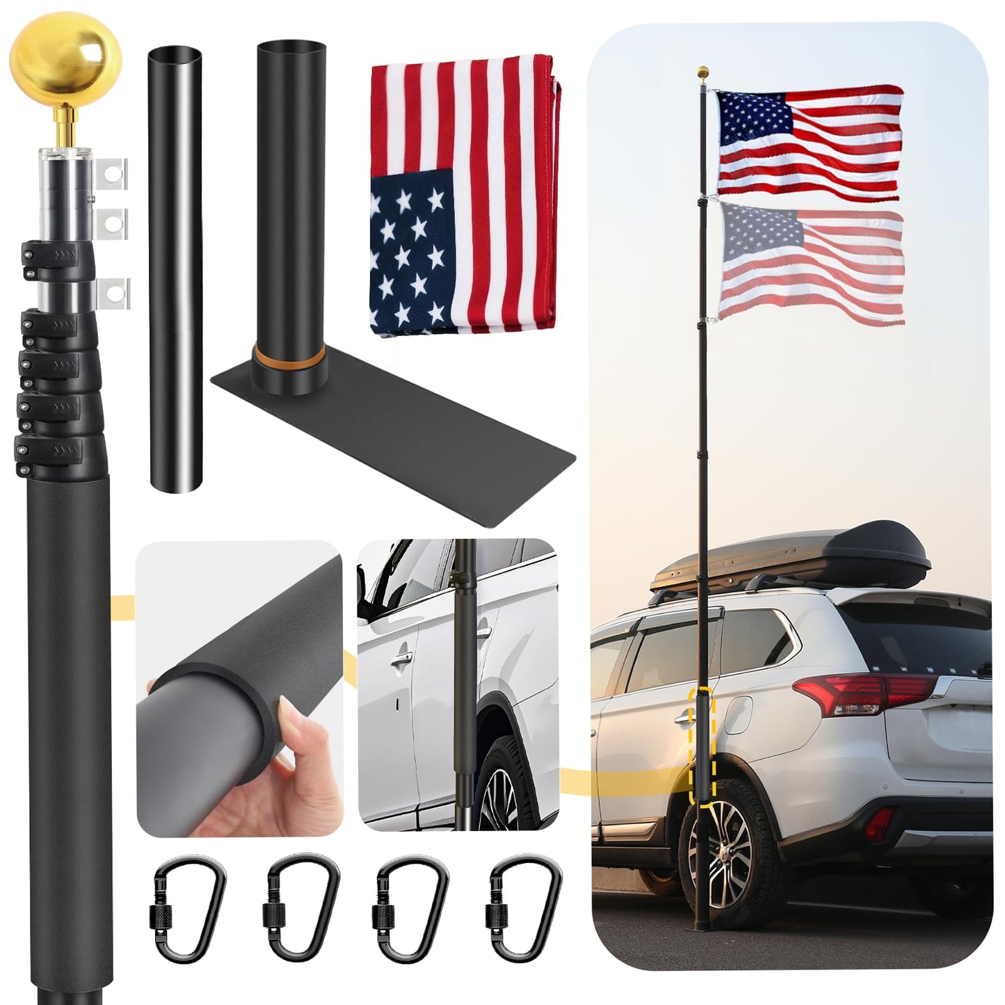 20FT Tailgate Flag Pole with Tire Mount, Fits RV Pickup SUV Sedan, Portable RV Flag Pole with 20" High-Density Foam Protective Tube, Thickened Aluminum Flag Pole with an Flag, 60 MPH, Dual Flag Mount