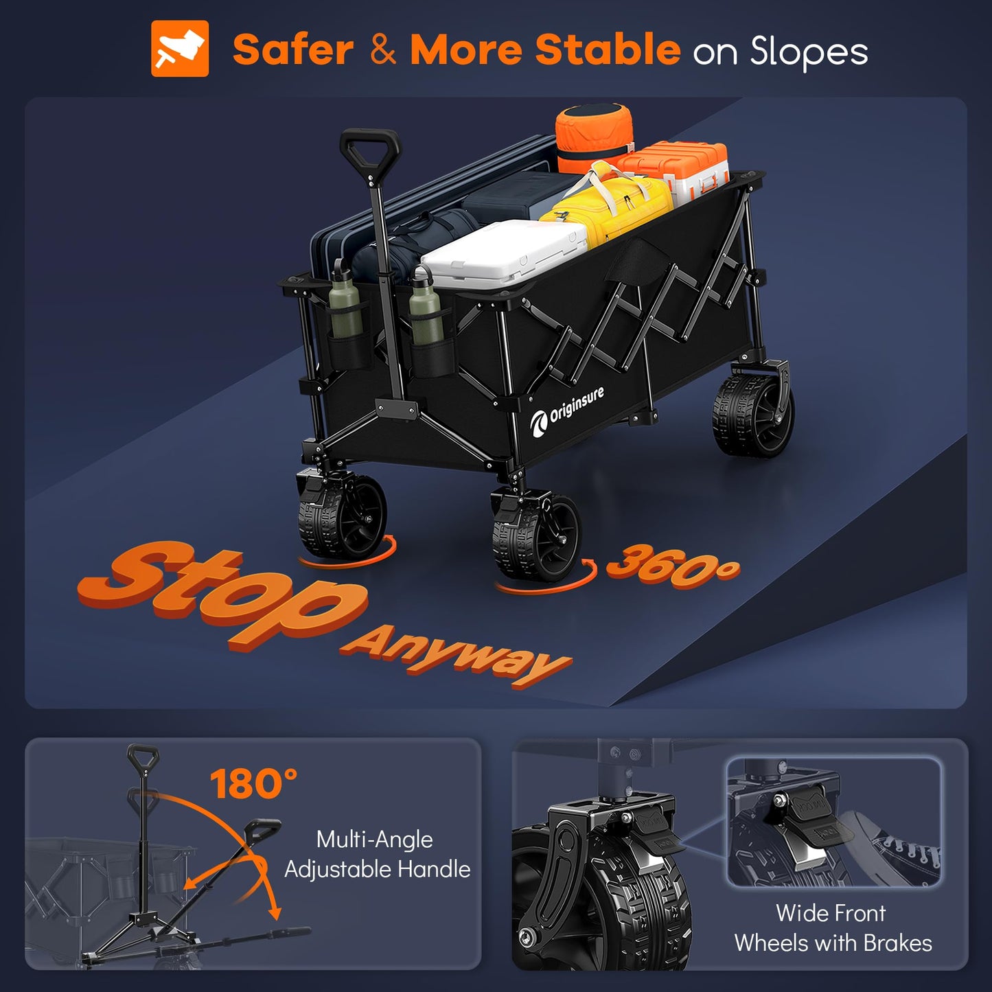 Originsure 38"L Collapsible Wagon Cart Foldable, 460lbs Weight Capacity 220L Heavy Duty Folding Beach Wagons with Big All-Terrain Wheels, Utility Carts for Groceries, Shopping, Camping, Sports - Black