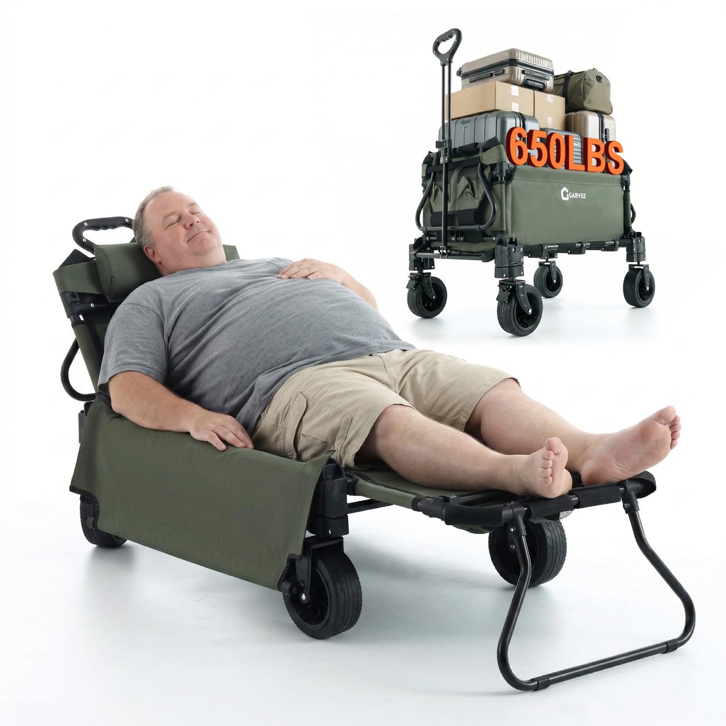 2-in-1 Beach Wagon Cart, Folding Collapsible Wagon with Large Capacity, Converts to Lounge Chair, All-Terrain 360° Swivel Wheels, Heavy-Duty Carbon Steel Wagon for Beach, Camping & Garden-Green