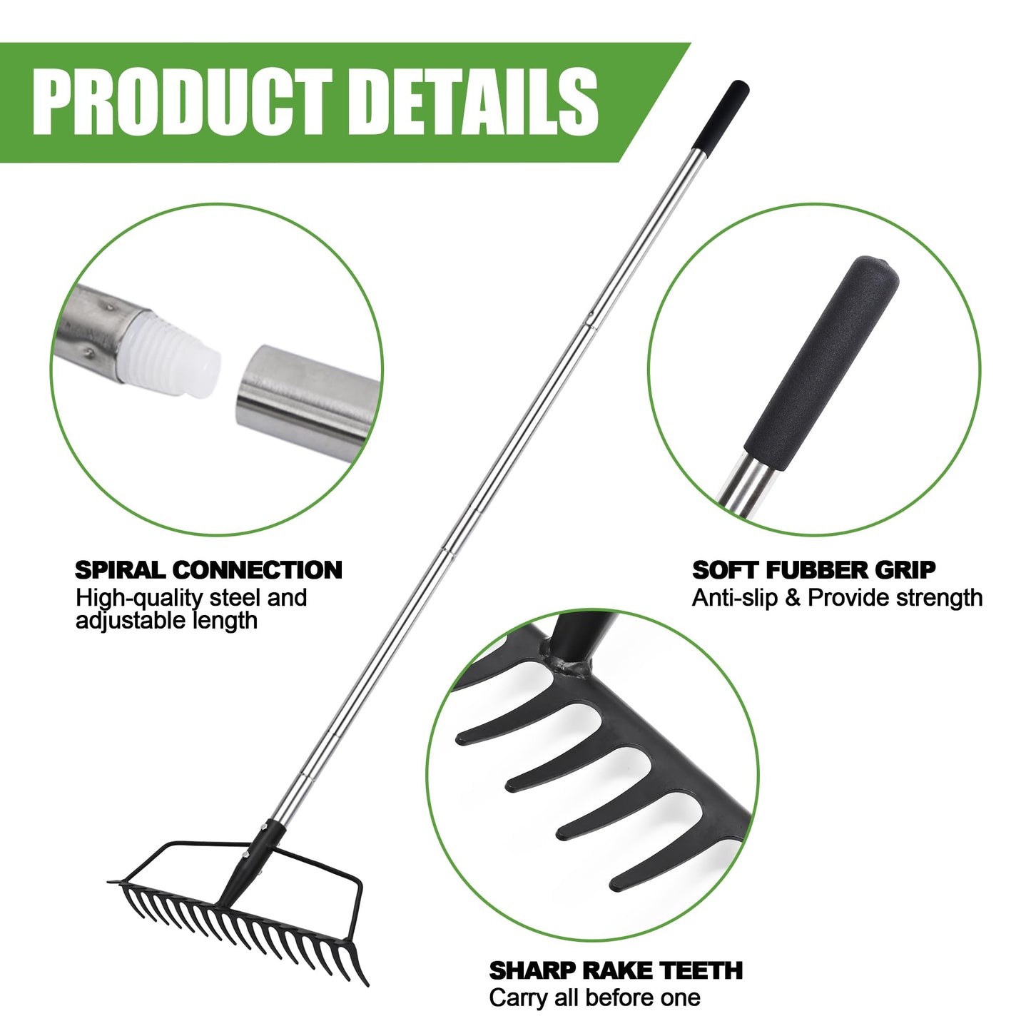 YEELOR Garden Rake, Heavy Duty 16-Tine Bow Rake with Adjustable Stainless Steel Handle, Metal Rake for Yard Work, Loosening Soil, Leveling Mulch, Gathering Leaves
