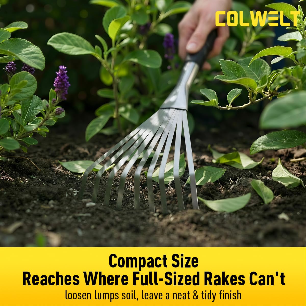 Colwelt Hand Rake 16.5", Small Rake for Gardening with 9 Resilient Flat Tines, Metal Mini Rake with Hanging Hole for Storage, Hand Fan Rake for Leaves, Loosening Soil, Spreading Mulch, Flower Beds