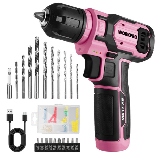WORKPRO Pink Cordless Drill Set, 8V Impact Drill Driver with 53pcs Bit Set, 2.0Ah Electric Power Drill Kit with 3/8" Keyless Chuck and Variable Speed Trigger, Portable for DIY- Pink Ribbon