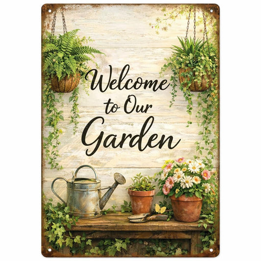 Gardening Gifts Welcome to our Garden Vintage Garden Signs for Home Garden Greenhouse Living Room Bedroom Yard Backyard Outdoor Decor 8X12 Inch
