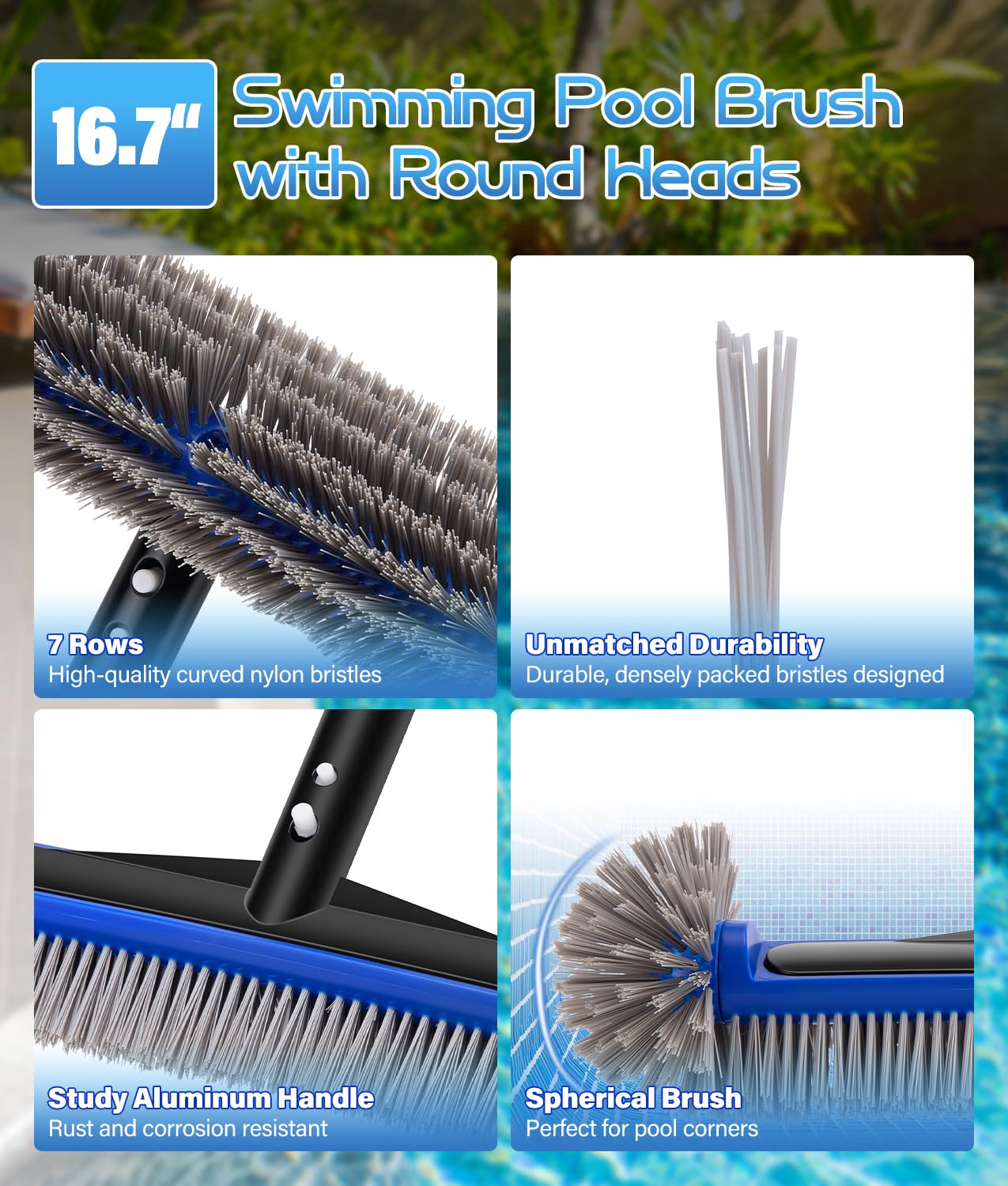 17.4'' Swimming Pool Brush Head with Round Ends, EZ Clip Aluminum Handle, Heavy Duty Pool Brushes for Clean Swimming Pools Faster, Extra Corner Brush Head for Clean Pool Steps & Corners