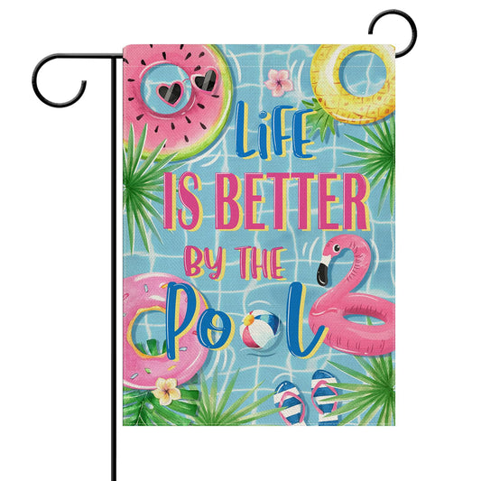 Dyrenson Summer Life is Better by The Pool Decorative Garden Flag, Flamingo Swim Rings Tropical Palm Leaves Yard Outside Home Decoration, Flip Flops Ball Outdoor Small Decor Double Sided 12 x 18