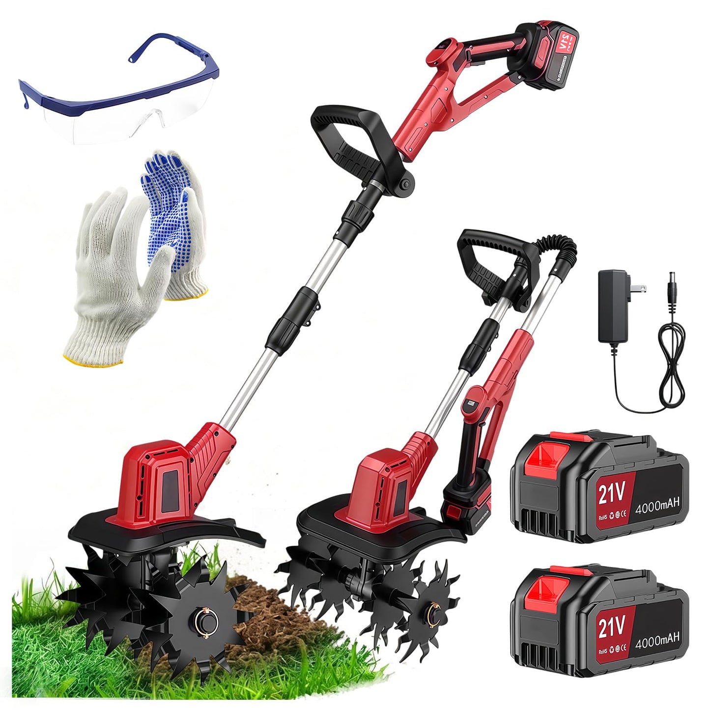 21V Electric Cordless Tiller Cultivator, 360RPM Garden Tiller with 2 x 4.0Ah Batteries Charger, 12In Tilling Width & 8In Depth Garden Rototiller for Lawn, Gardening, Soil Cultivation (RED-1)