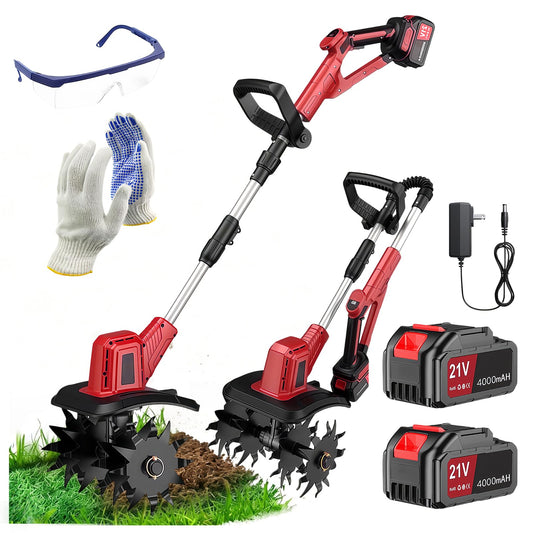 21V Electric Cordless Tiller Cultivator, 360RPM Garden Tiller with 2 x 4.0Ah Batteries Charger, 12In Tilling Width & 8In Depth Garden Rototiller for Lawn, Gardening, Soil Cultivation (RED-1)