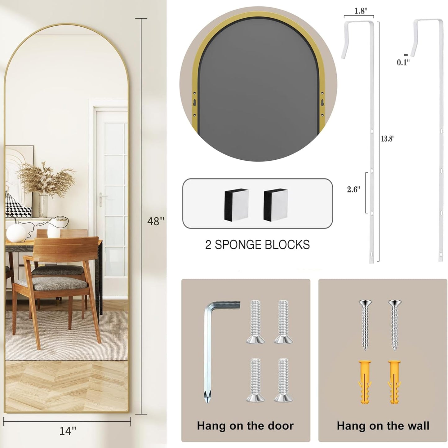 JAWGLOW Arched Full Length Door Mirror 14x48, Metal Frame with Protective Film, No-Drilling Hanging or Wall Mount, Hooks & Hardware Included, Full Body Mirror for Bedroom, Dorm, Gold
