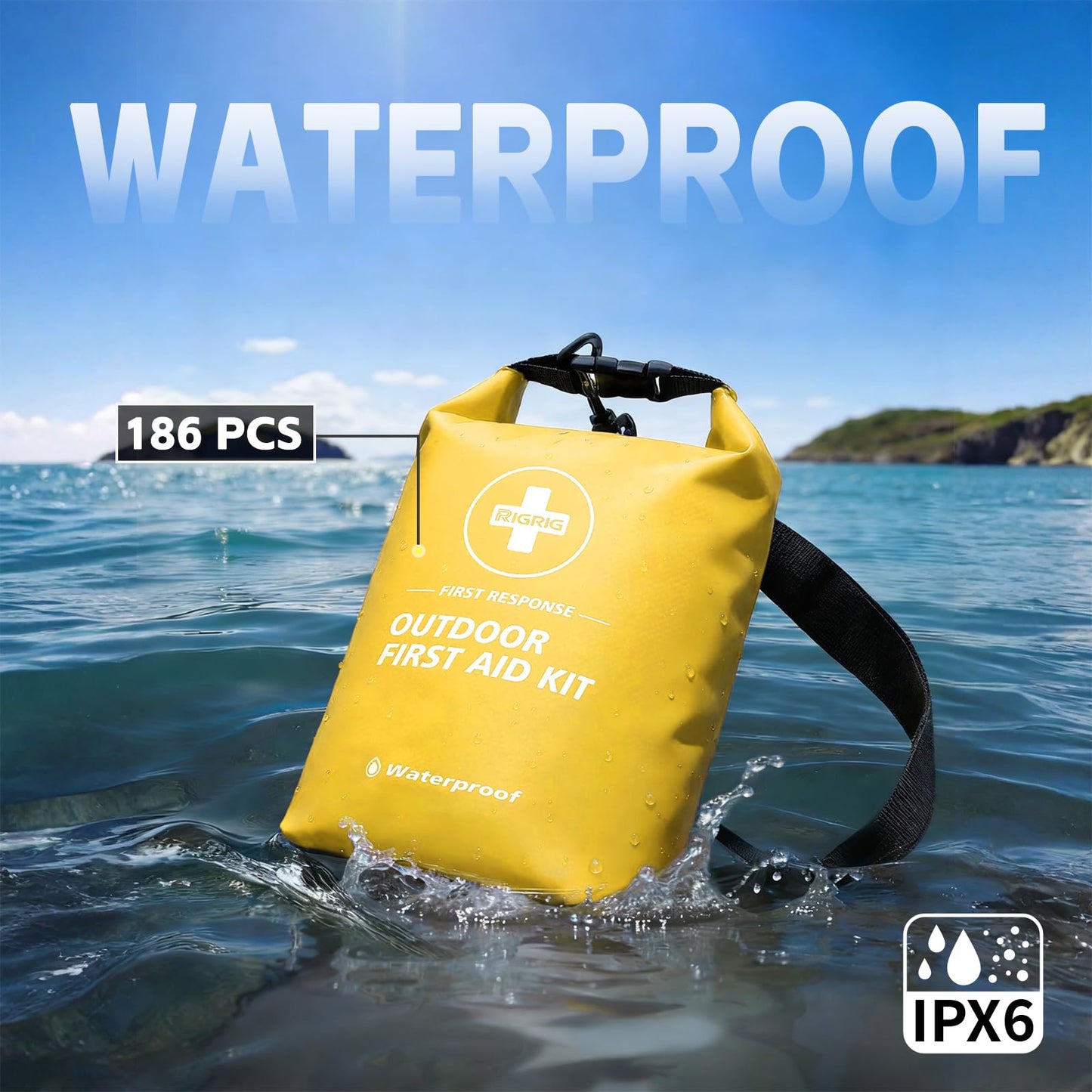 RIGRIG Waterproof First Aid Kit 186 Pcs Survival Gear, Portable Small Boat Dry Bag Bug Out Bags, Emergencies Medical Kit Ideal for Boating, Fishing, Hiking, Camping, Kayaking (Yellow)