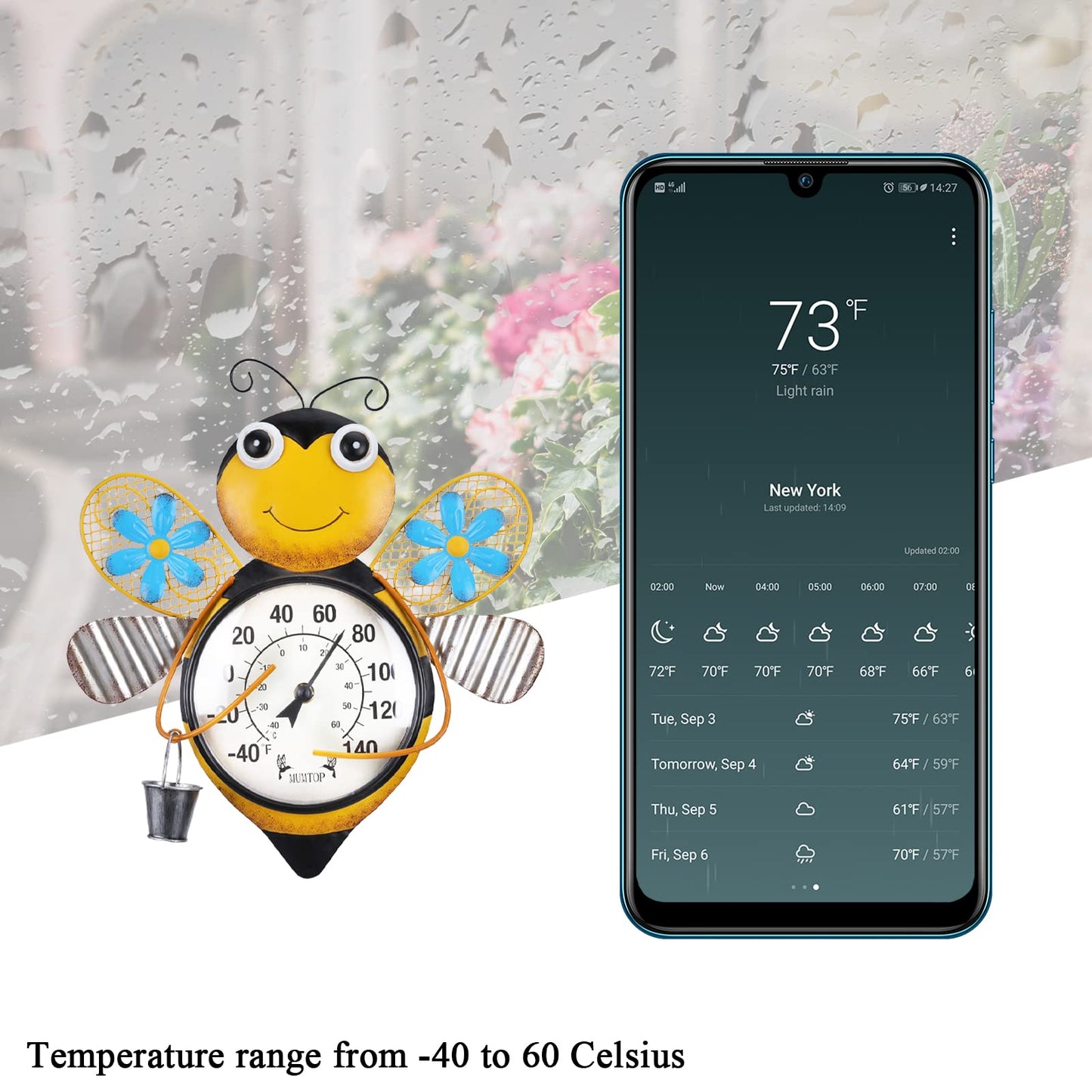 MUMTOP Indoor Outdoor Thermometer, Bees Large Number Wall Mounted Thermometer for Patio, Yard, Garden