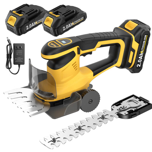 FULLYEA Cordless Hedge Trimmer, 2-in-1 Electric Shrub Trimmer & Grass Shear, Lightweight Bush Trimmer with 2 Blades & 2*2.0Ah Batteries, Handheld Grass Trimmer, Battery Powered Hedge Cutter (Yellow)