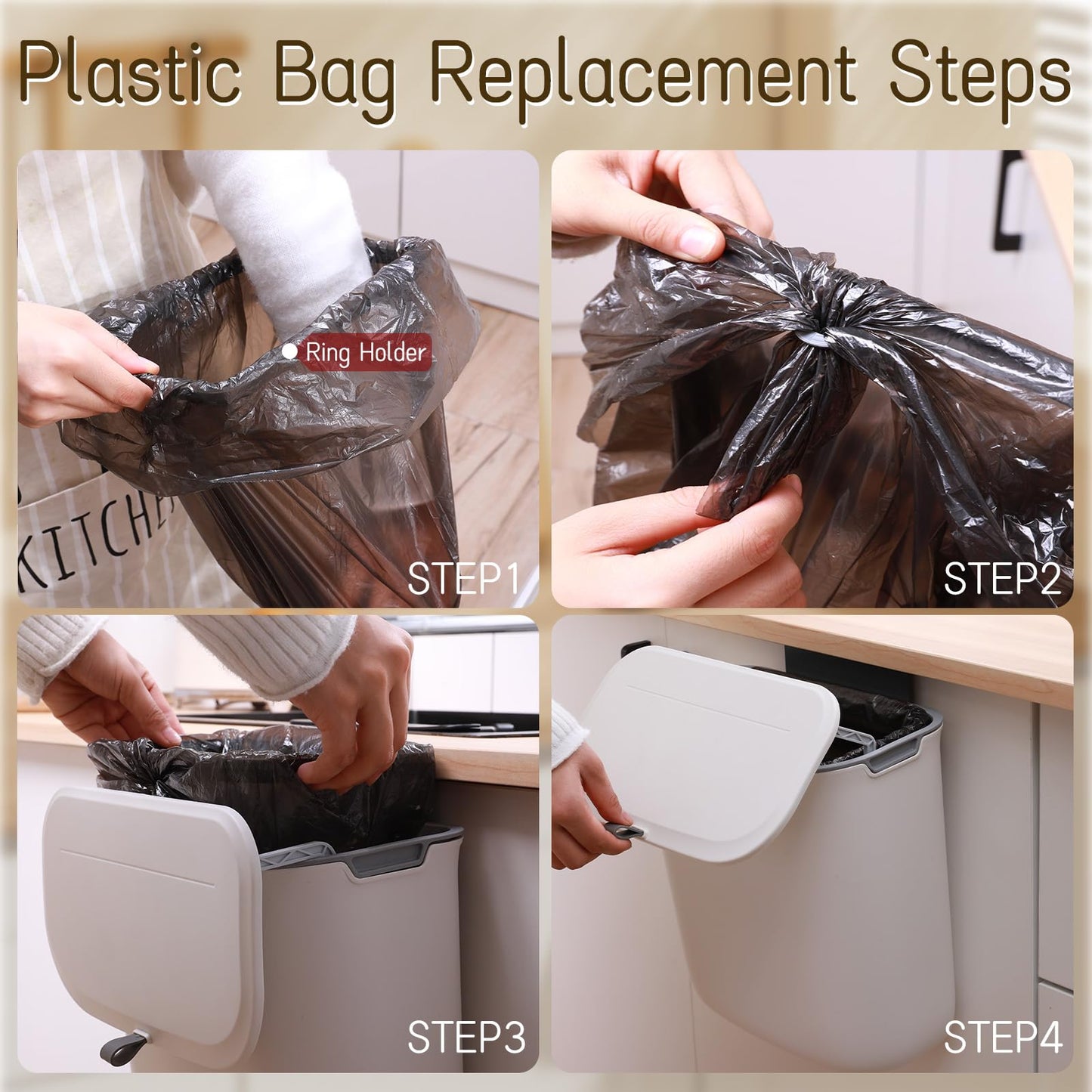 LYNLOO 2.4 Gallon Kitchen Compost Bin Hanging Small Trash Can with Lid Under Sink Dual Installation & Triple-Seal Technology, Odorless Kitchen/Bathroom/Office Trash Can for Home, RV