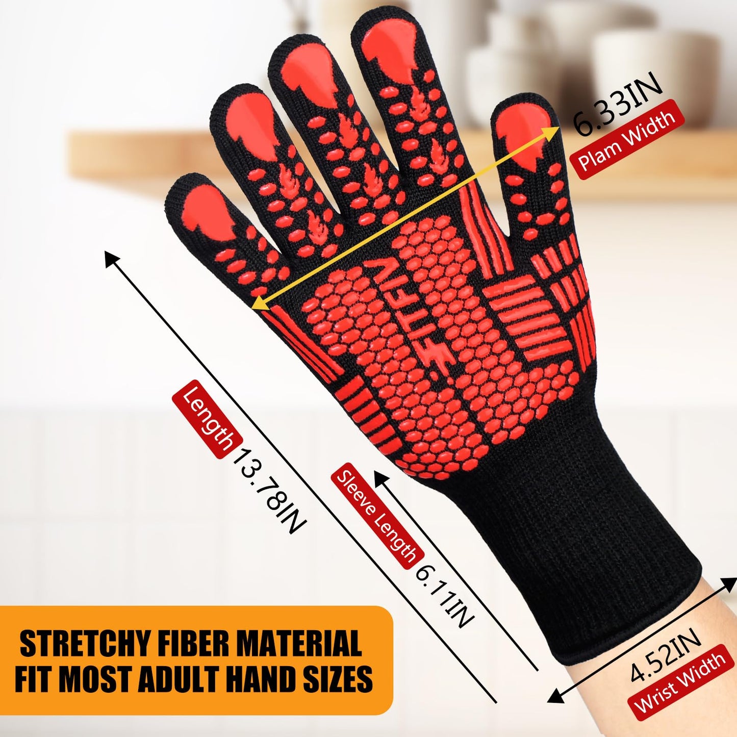 FITFIV BBQ Gloves, Oven Gloves, 1472°F Extreme Heat Resistant Barbecue Gloves, Silicone Non-Slip Oven Mitts, Kitchen for Cooking, Grilling, and Baking