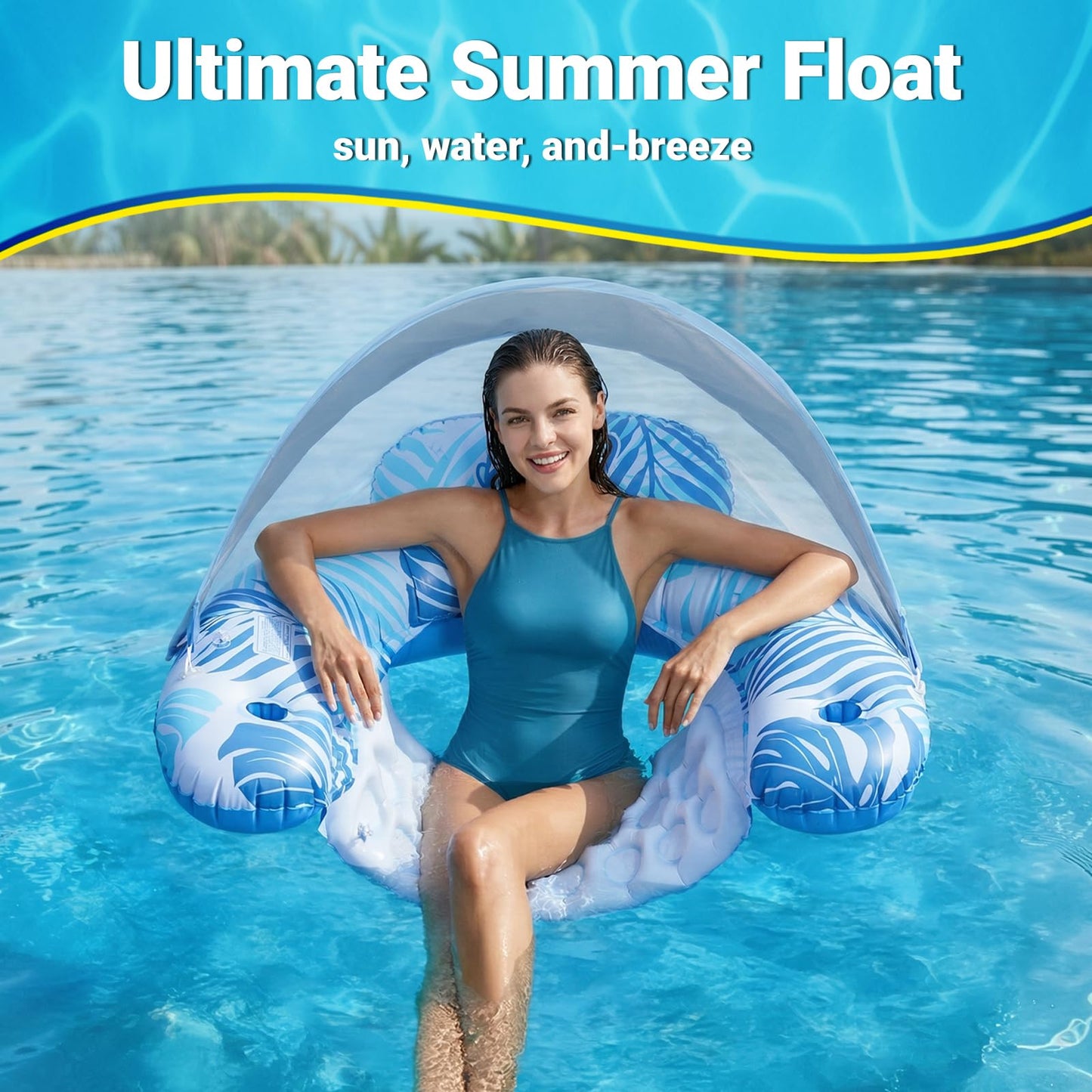 Pool Float for Adults with Canopy, XL Inflatable Chair Lounge Floaties with Adjustable Sun Shade Cover, Drink Holder, Ergonomic Headrest