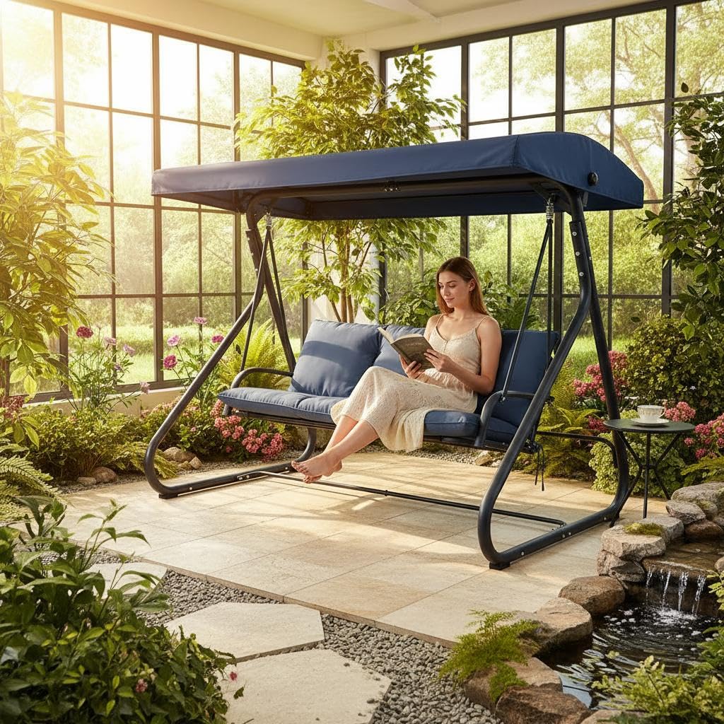 GarveeLife 3-Seat Outdoor Swing Glider with Canopy, Converts to Flat Bed, Adjustable Shade, Removable Cushions, Heavy-Duty Steel Frame, 750 lbs Capacity, for Patio, Backyard, Porch or Garden, Blue