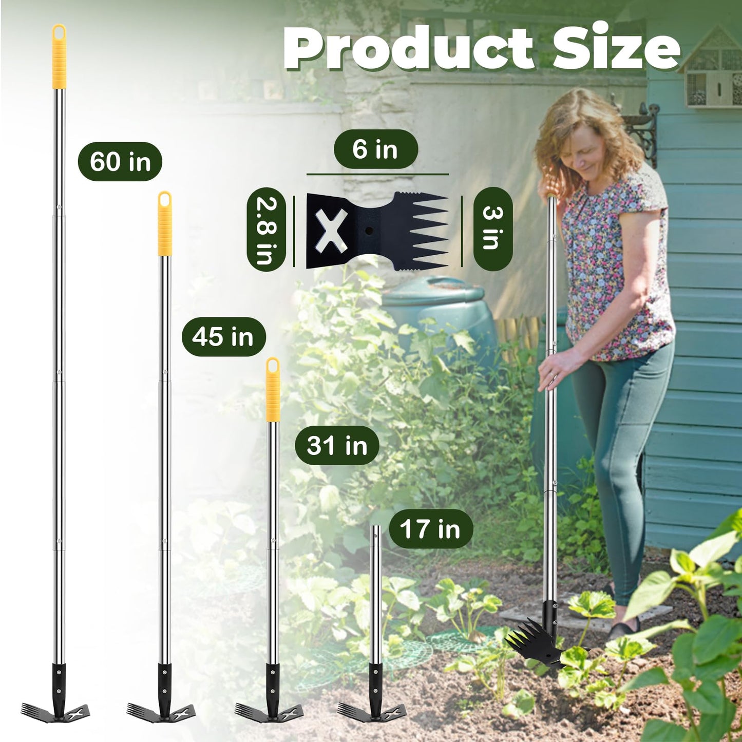 NICOFPHY Weed Puller Tool with Long Handle, 60" Manual Weeding Tools Gardening, 2 in 1 Hand Weed Rake and Hoe Garden Weeder Tool, Uprooting Pulling Weed Remover Tool for Yard, Patio, Lawn and Garden