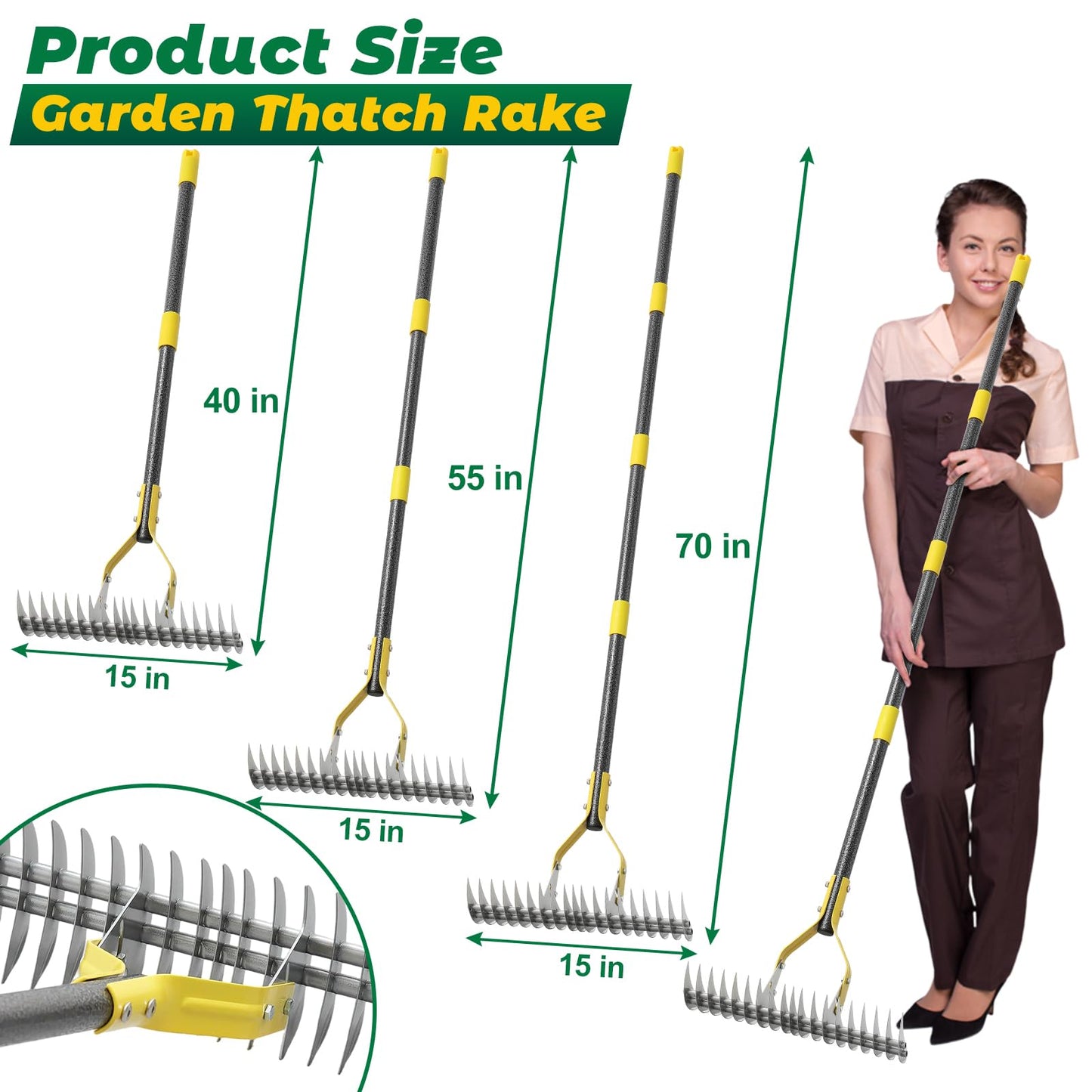 Thatch Rake,70 Inch Heavy Duty Lawn Thatching with Adjustable Stainless Steel Handle,Multiple Garden Rake for Leaves,Lawn Loosening Soil,Backyard,Garden