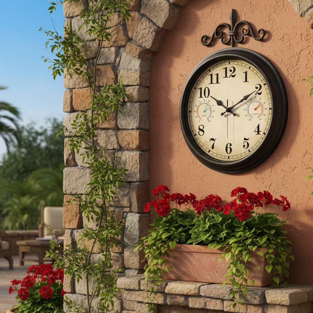 Alarllok 16 Inch Large Outdoor Clock with Thermometer and Hygrometer Combo, Waterproof Indoor Outdoor Wall Clocks for Patio, Pool, Garden, Backyard Decor- Retro Bronze