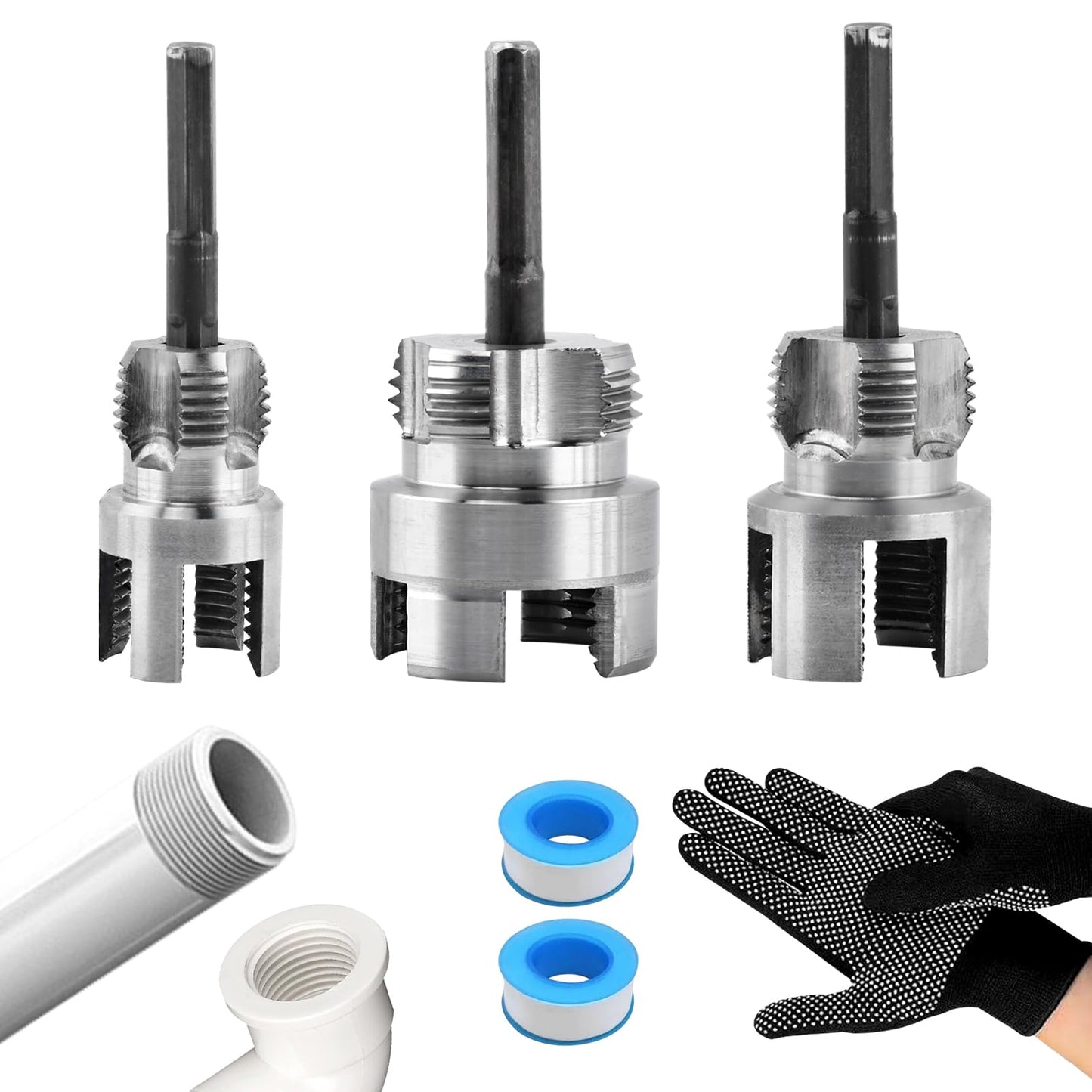 3Pcs Pipe Threading Tool,PVC Pipe Threader Kit,Dual-Function Internal & External Pipes Threading Tool for 1/2",3/4",1" Plastic Pipes,with 2 rolls PTFE Tape & 1 pair Gloves,for Home Repair