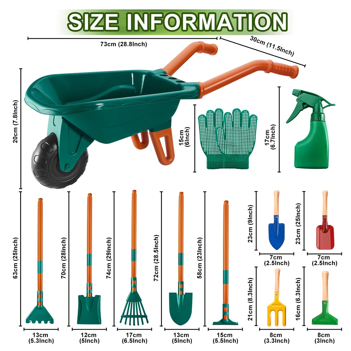 HOSPONY Kids Gardening Set-Kids Gardening Tools Wheelbarrow Set with Shovel, Leaf Rake, Gloves, Spray Bottle-Toddler Gardening Set Play Outdoor Educational STEM Learning for Boys Girls Age 3+