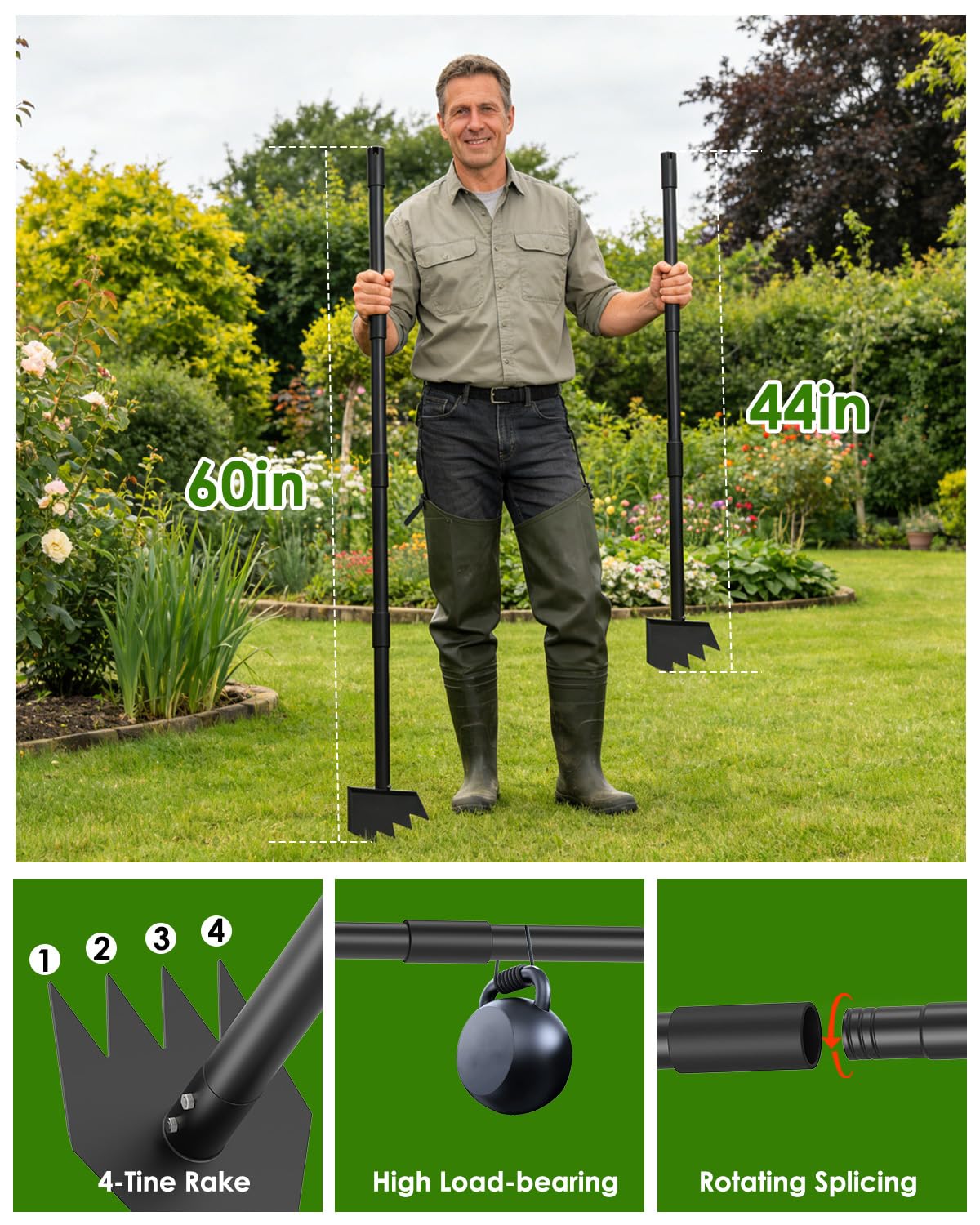 Luvenia 2-in-1 Hoe Garden Tool and Weed Puller Tool, 60 Inch Long Handle Garden Hoe Heavy Duty, Stainless Steel Triangle Hoe for Gardening Planting, Weeding, Digging, Loosening Soil, Sharp Edge
