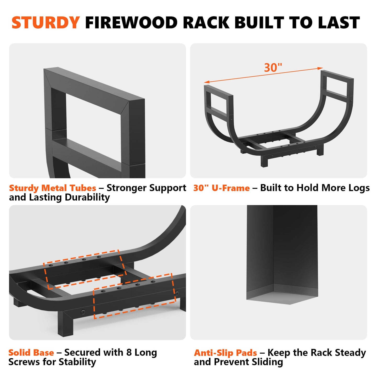 HXJLJY 30-inch Firewood Rack Outdoor Indoor with Log Carrier Bag, Stable Log Holder Rustproof Metal Wood Rack for Fireplace Patio Deck Firepit, Heavy Duty Firewood Storage Organizer Tool, Black