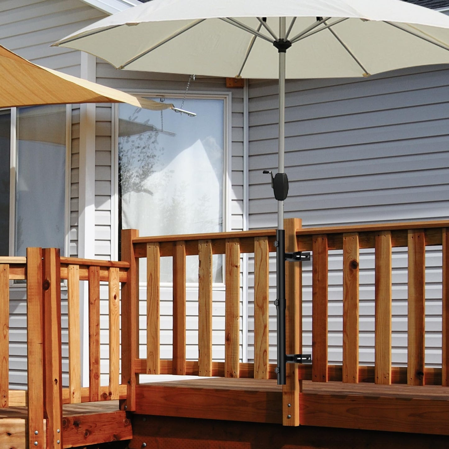 Heavy-Duty Patio Umbrella Holder for Deck Railing - Stainless Steel Windproof Outdoor Patio Umbrella Base and Mount Brackets Attachable to Railing, Fits Pole ≤1.6'' & Post <3.3" - Space Saving, Black
