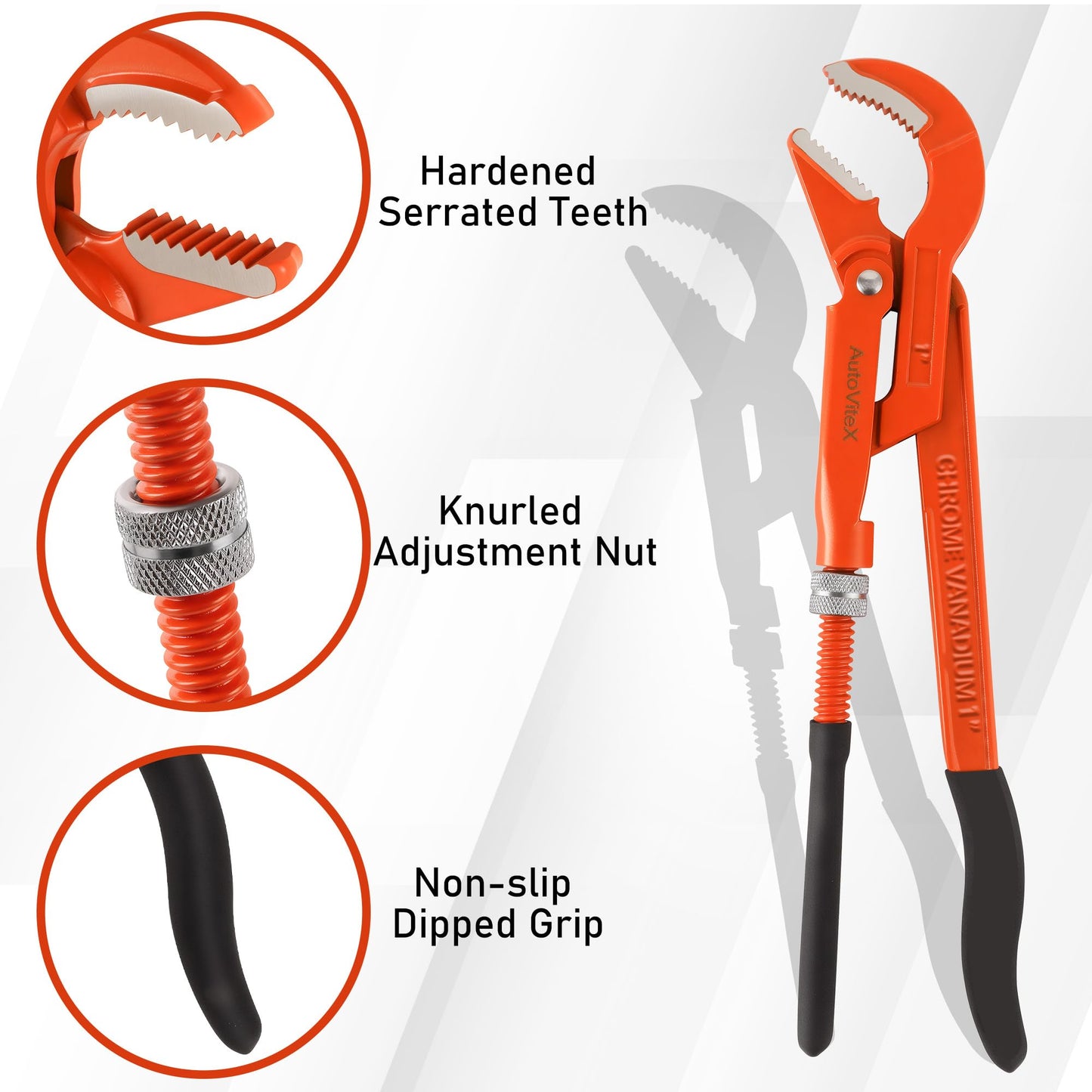 AutoViteX 17-Inch Swedish Pipe Wrench, Heavy Duty Adjustable Plumbing Wrench with 45°Angled Jaw for All Types of Nuts, Water Pipes