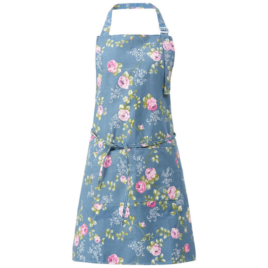 DILLMAN Aprons for Women with Pockets Cotton Linen Cooking Kitchen Baking Soft Durable Floral Gardening Apron (Blue)