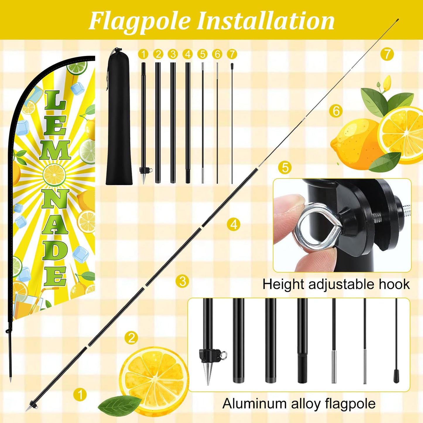 Nlicrst 2 Set Lemonade Feather Flag Kit - Includes Vibrant Lemon Banners, Sturdy Flag Poles & Carrying Bag, Eye-Catching Lemonade Stand Decor for Outdoor Advertising, Yard Sales, Parties & Events