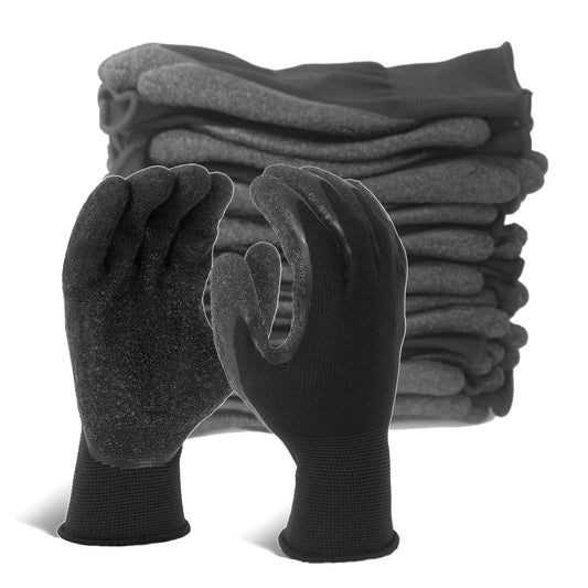 Evridwear Crinkle Latex Rubber Hand Coated Safety Work Gloves for Men Women General Multi Use Construction Warehouse Gardening Assembly Landscaping,Black XX-Large 12 Pairs Pack