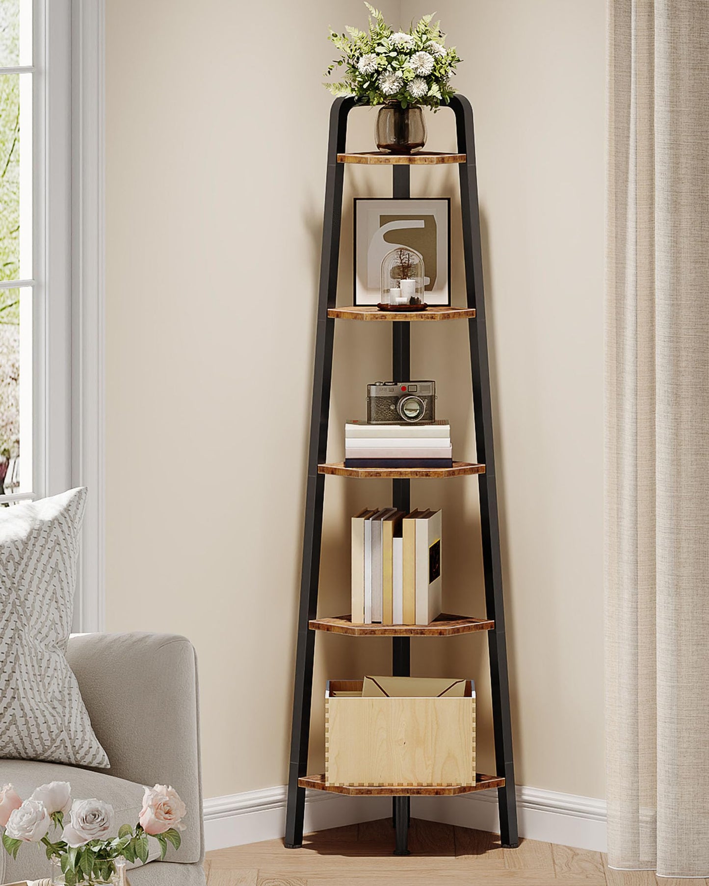 CHOEZON Corner Shelf, 5-Tier Ladder Corner Shelf, Ladder Bookshelf, 59.6" Tall Vertical Display Stand, Metal Frame Bookshelf, for Living Room, Bedroom, Kitchen, Rustic Brown and Black TCJ20BF