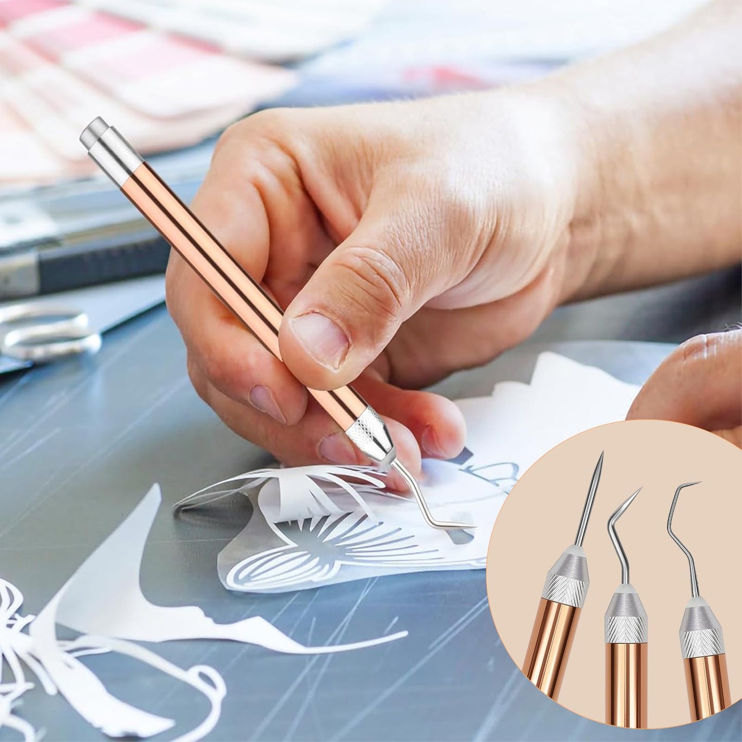 3PCS LED Weeding Tools for Vinyl with Light with Pin and Hook Lighted Pin Pen Weeding Tool for Removing Iron on Tiny Vinyl Paper Silhouette Cutting Machines Supply (Rose Gold) (3PCS-Rose Gold)