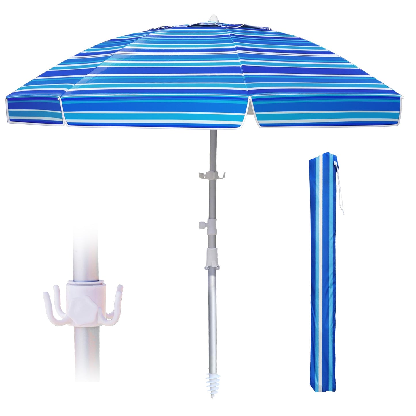 LANMOUNTAIN 8ft Large Beach Umbrella,Heavy Duty Wind Resistant Portable Sun Shade w/Tilt Pole&Sand Anchor,Shoulder Carry Bag,UV 50+ Protection,Air Vents Design for Patio Garden Pool(Blue Stripe)