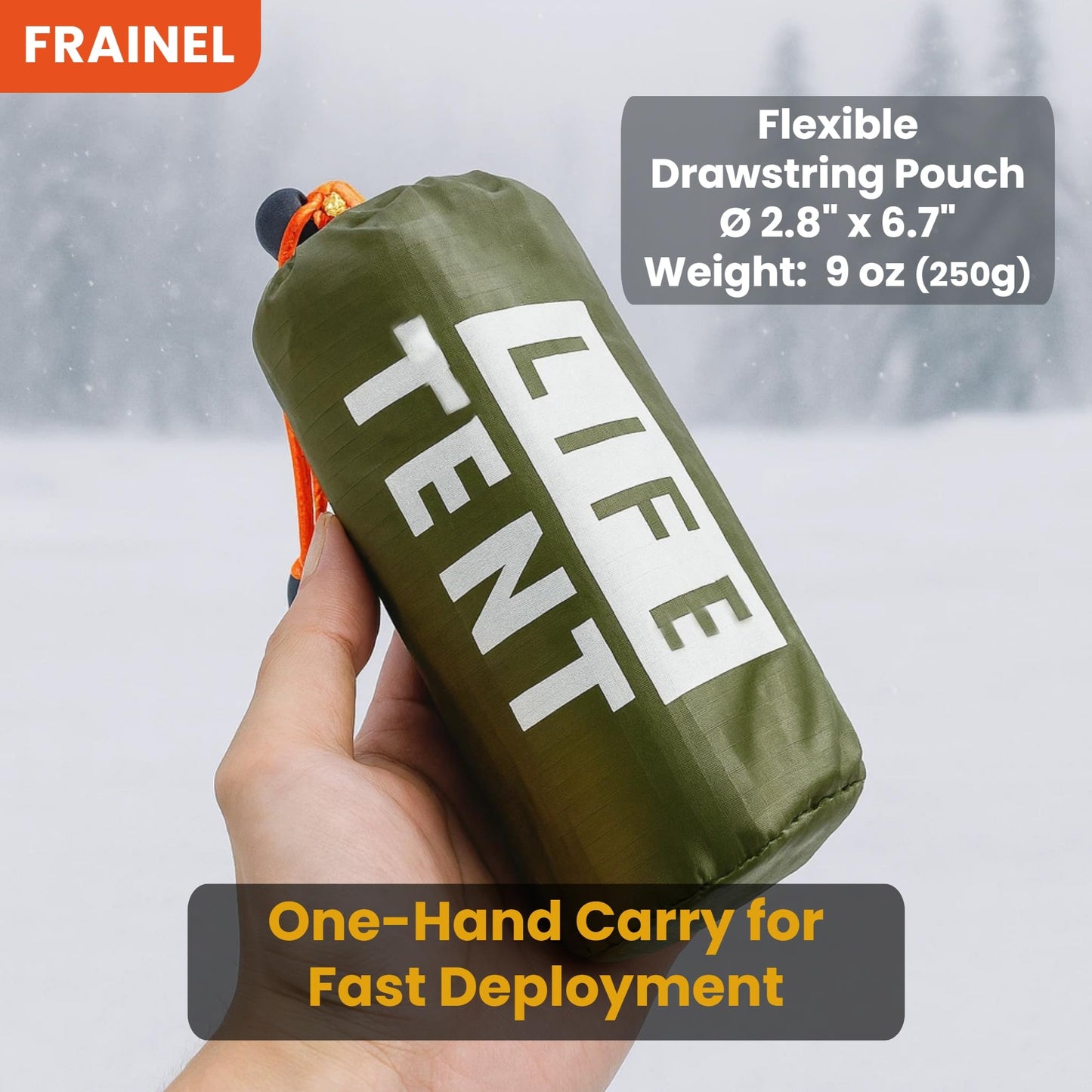 FRAINEL Pocket Emergency Survival Tent. Snow Life Thermal Shelter. Tube Tarp. Army Green Tough Guy Style. Storage Bag with Whistle and Paracord. for Camping, Hiking, Outdoor, Vehicle First Aid Kit