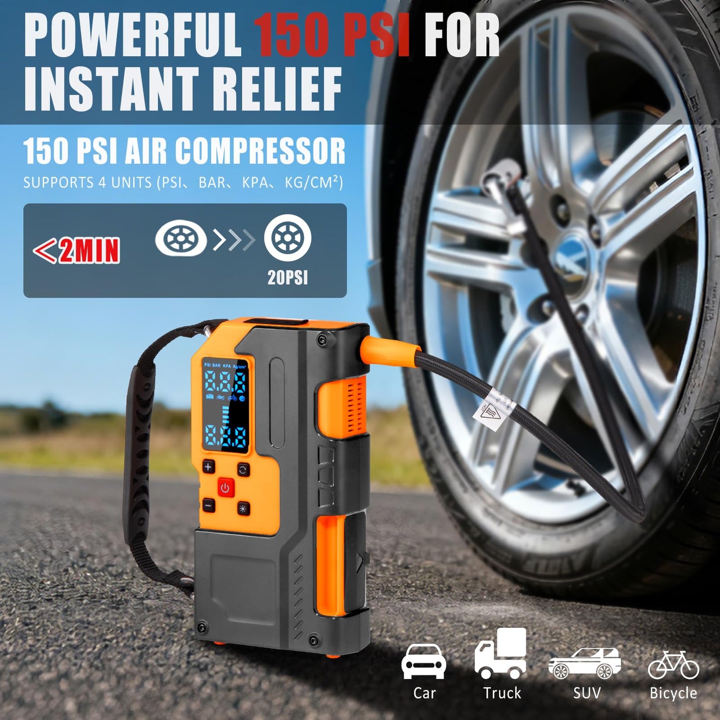 HLWDFLZ Car Roadside Emergency Kit, Jump Starter with Air Compressor, First Aid Kit, Tow Rope, Roadside Safety Emergency Tool Kit for Women, Men, Teen (Orange)