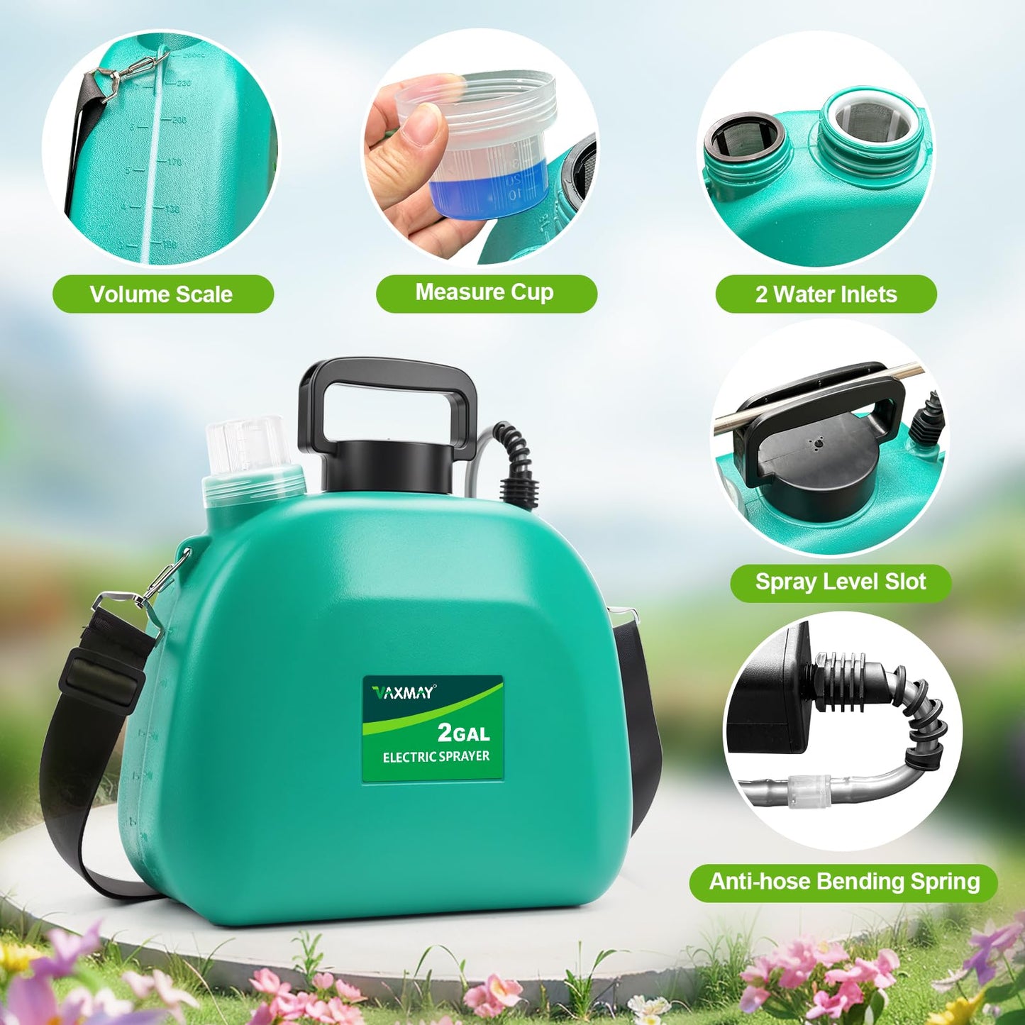 VAXMAY Battery Powered Sprayer 2 Gallon, Upgrade Electric Garden Sprayer with 3 Adjustable Speed, Battery Indicator, 4 Mist Nozzles, Rechargeable Handle, Retractable Wand, Shoulder Strap for Weed Lawn