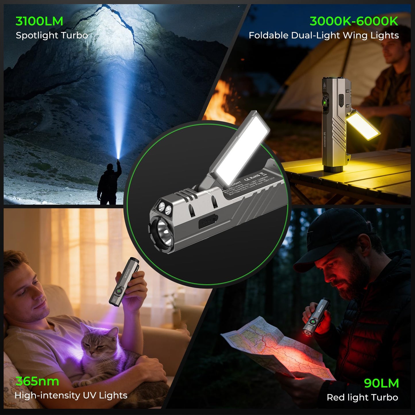 Wurkkos HD05 Flat EDC Flashlight, 3100 Lumens 4-in-1 LED Rechargeable Flashlight with UV, Red Light & Foldable Rotatable Side Light, USB-C High Lumens Flashlights, IPX6 for Camping,Outdoor,Work
