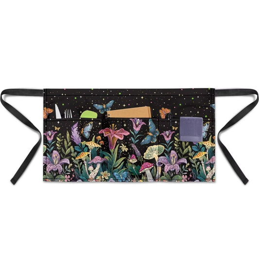 Yatixapu Server Waitress Waist Apron with 3 Pockets Flower Mushroom Waterproof Aprons 13 Inch Short Half Waist Aprons for Grilling Gardening Baking