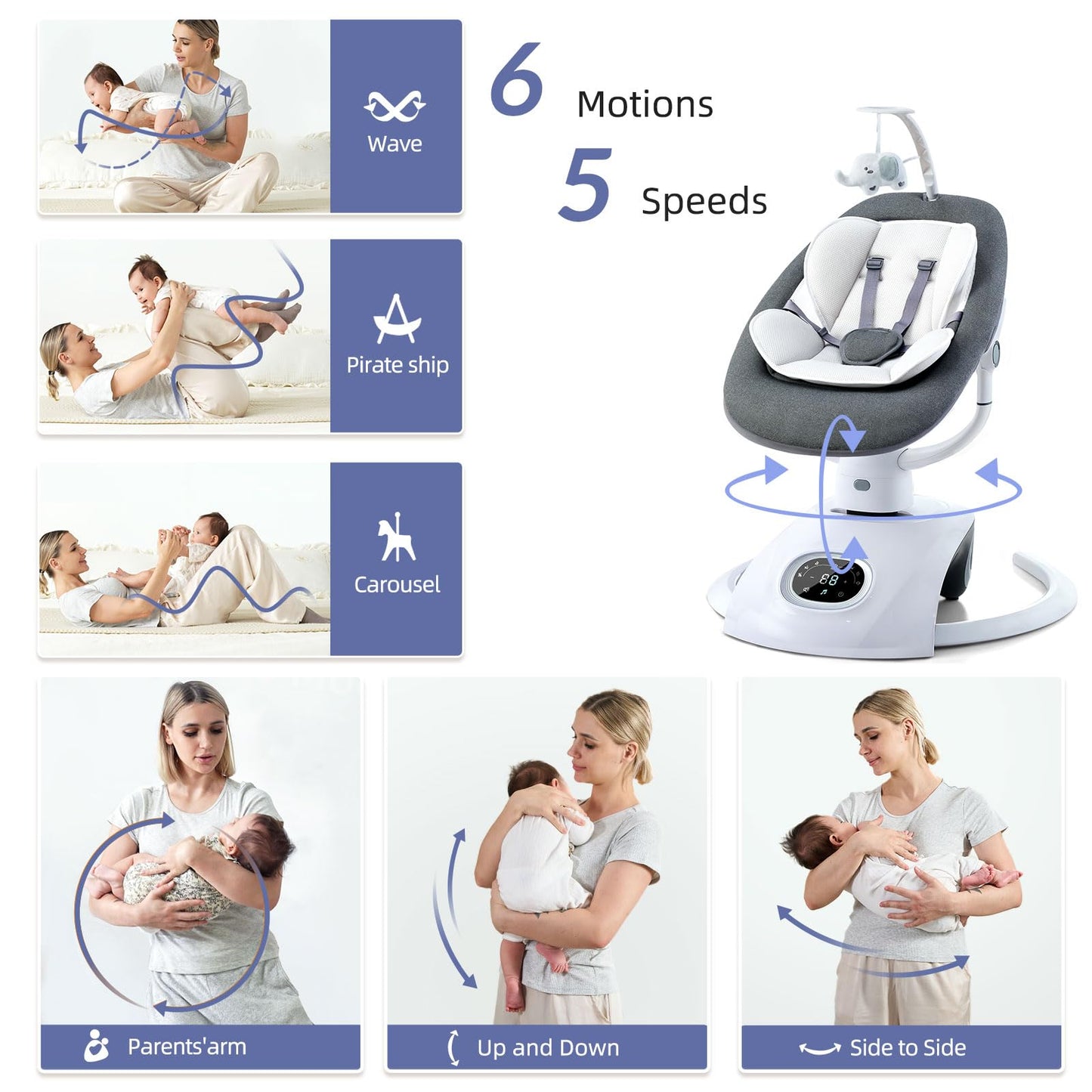 VaVaSoo Baby Swing for Infants Mamroo Electric Automatic Multi Motion Newborn for Girl & Boy with Remote Control, 5 Speed, 13 Melodies, Light Gray (Gary)