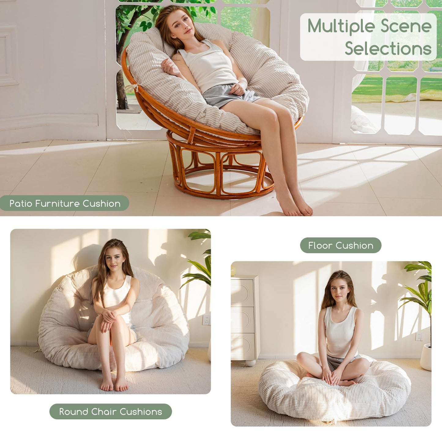 HIGOGOGO Papasan Chair Cushion with Corduroy Cover (Without Chair), 48 x 48 Inch Supportive Cushion, Overstuffed Chair Cushion,Beige