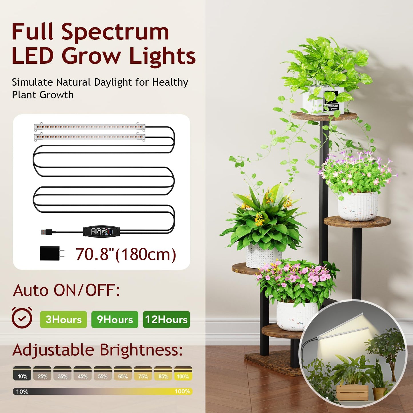 Homsorout Plant Stand Indoor with Grow Light,4-Tiered Tall Plant Stand Indoor, Metal Plant Shelf with Adjustable Light, Ideal for Living Room, Garden, Patio (Black Brown)
